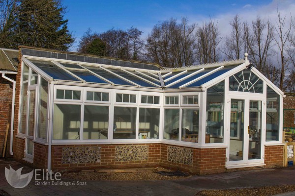 Before: Existing conservatory roof before the Guardian warm roof a replacement conservatory roof is fitted. On display at Eastleigh, Hampshire.