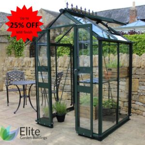 Eden Halls Birdlip greenhouses this 4x4 Birdlip has toughened glass as standard and optional green powder coating, green staging, cresting and auto roof opener. Aluminium greenhouses with Hampshire and national delivery